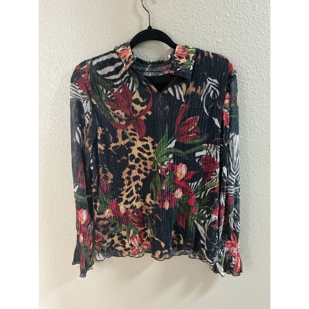 Chico's Blouse Womens 2 L Black Animal Floral Metallic Excellent Mock Neck Top